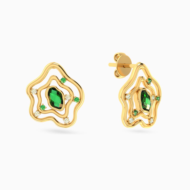 Miss L' by L'azurde Ripples Green Stones Stud Earrings in 14K Gold - Image 1